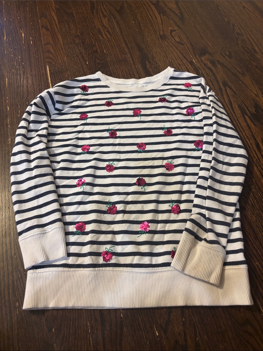 Girls' Striped Navy and White Sequin Rose Sweatshirt